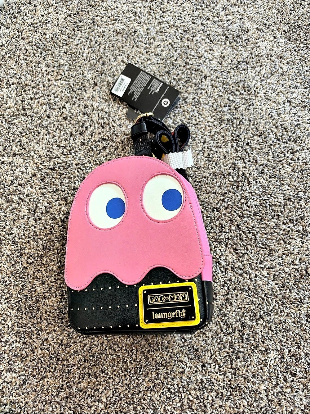 Loungefly Pac-Man Pinky Ghost Glow Sling Crossbody Bag Pink & Black